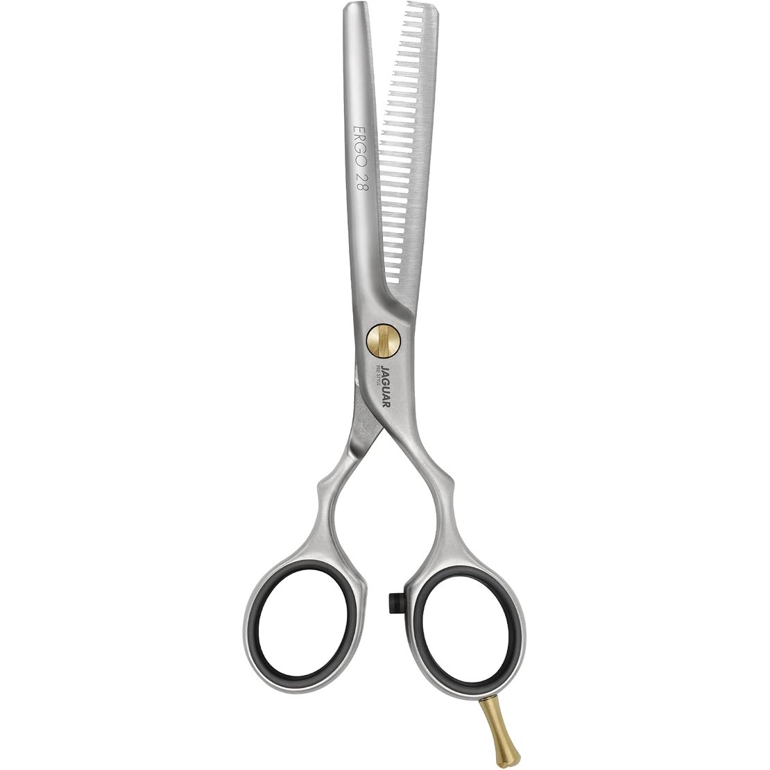 Jaguar Ergo thinning shears, 5.5 inch German forged pair with an angled ring, on a cream background