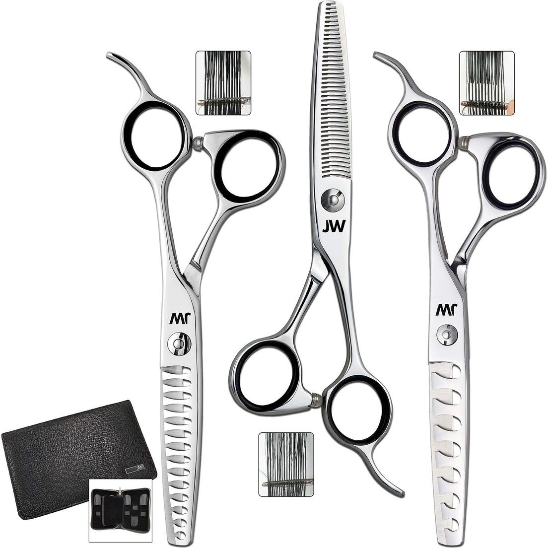 JW Shears TS40, TS14 and TS7 trio in a zip case, three toothed pairs with offset grips, on a cream background