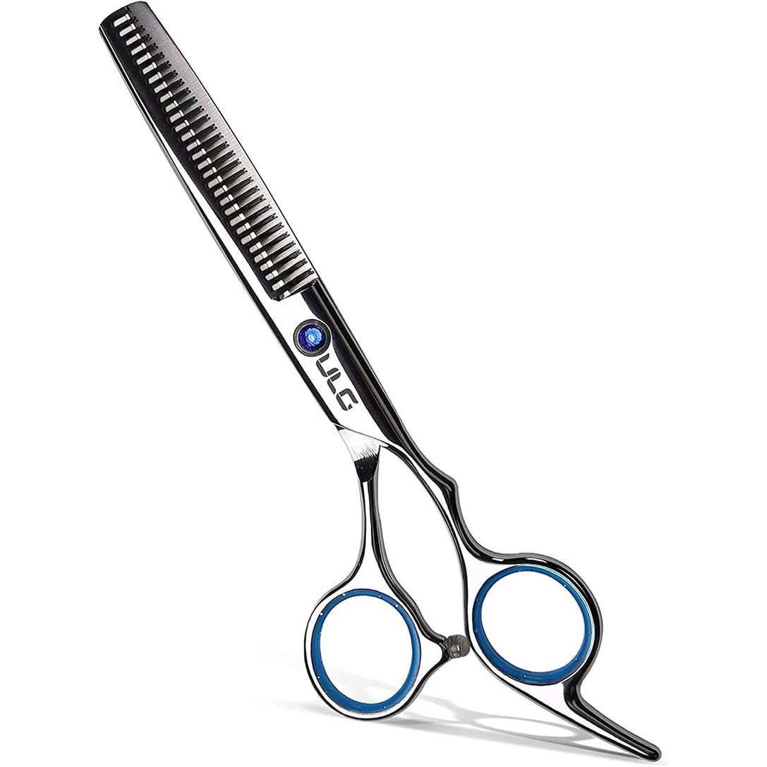 ULG Professional 6.5 inch thinning shears with single-sided teeth and an offset grip, on a cream background