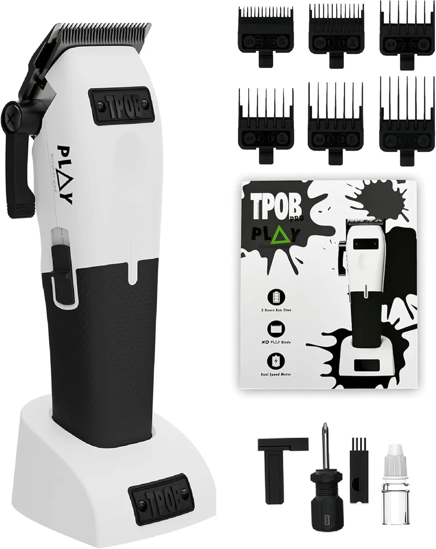 TPOB Play cordless barber clipper showing the blade and interchangeable grip